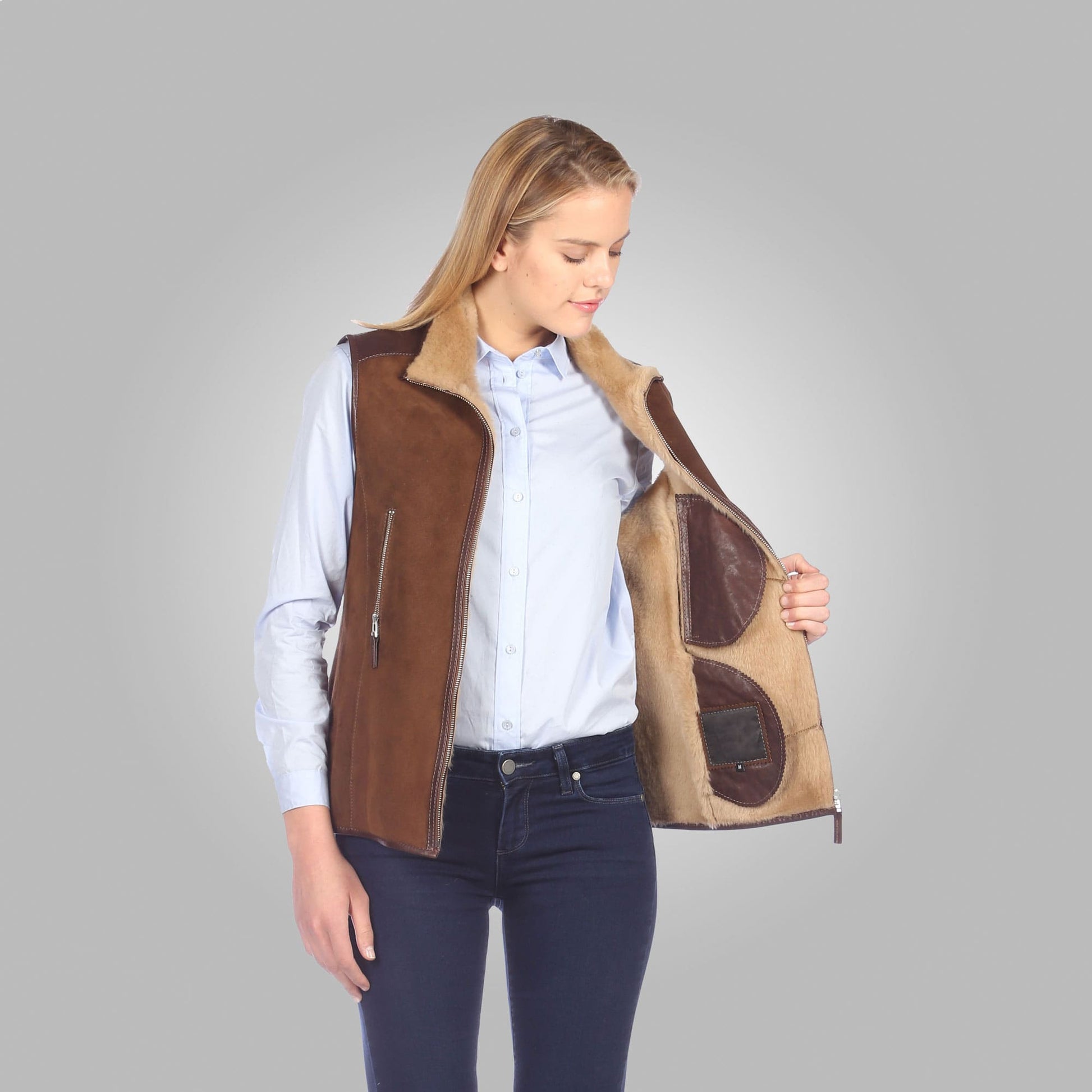 Women's Suede Leather Shearling Vest In Chocolate Brown