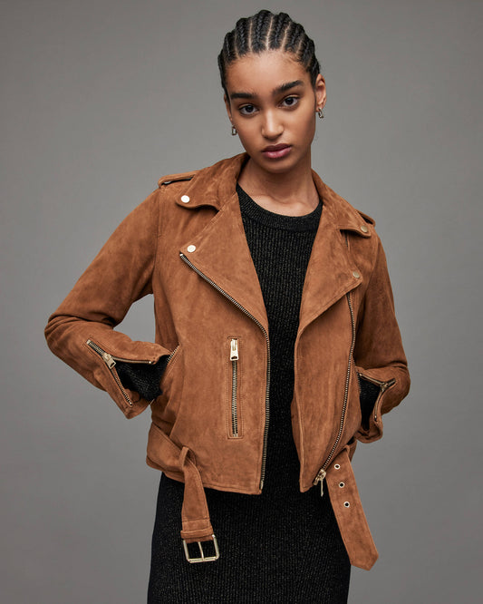 Women's Tan Brown Suede Leather Biker Jacket with Belt