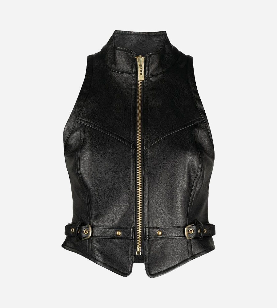  Chic Women's Black Leather Vest with Modern Design