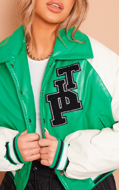 Women's Varsity Bomber Leather Jacket with Green & White Sleeves