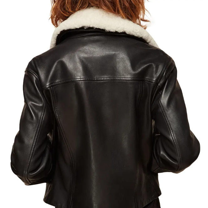 stylish Women's White Sheepskin Fur Biker Leather Jacket, Black Outerwear