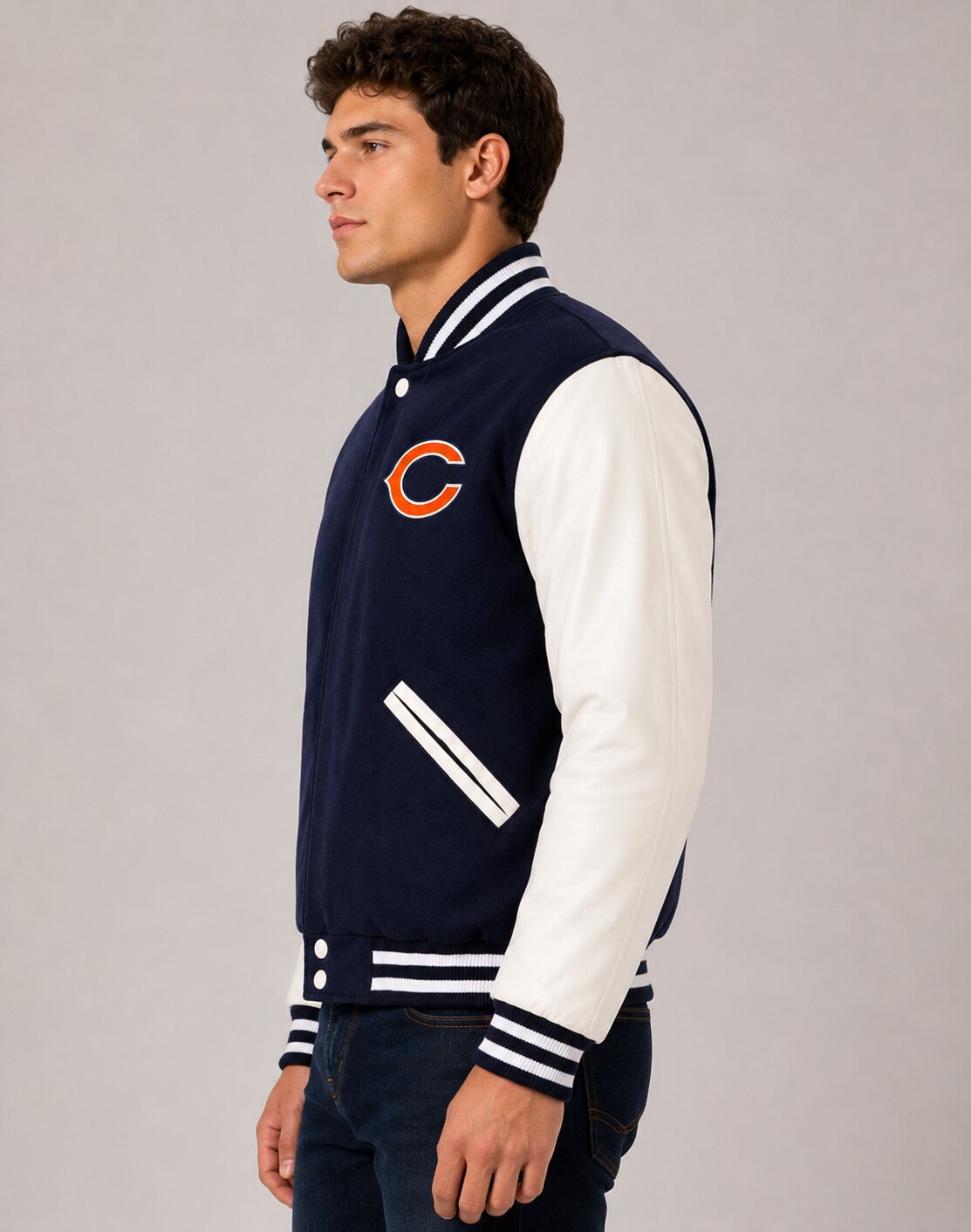 Chicago Bears Navy Varsity Jacket with White Leather Sleeves