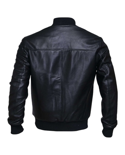 Classic Black Lambskin Leather Bomber Jacket