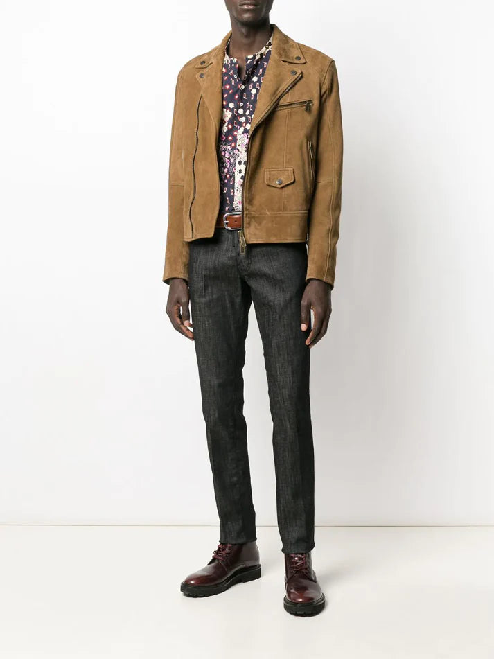 Men Brown Suede Leather Biker Jacket