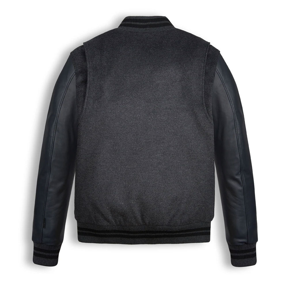 Men Dark Grey Wool Jacket with Black Leather Sleeves