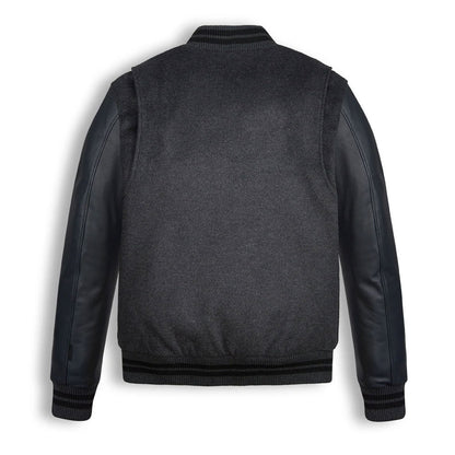 Men Dark Grey Wool Jacket with Black Leather Sleeves