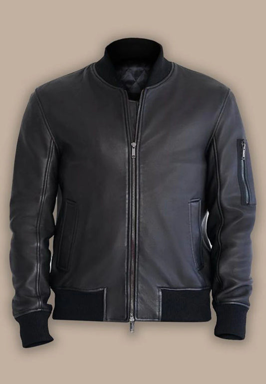 Men's Black Leather Bomber Jacket