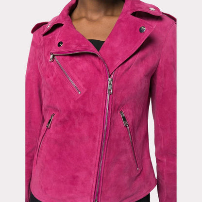 Premium Women Hot Pink Suede Leather Biker Jacket