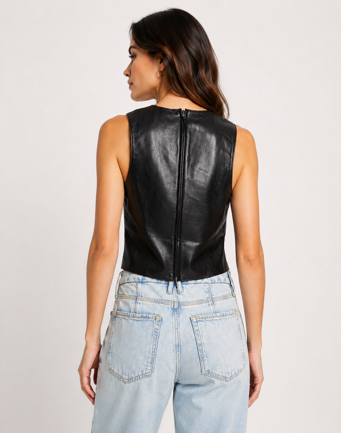 Women Black Cropped Leather Sleeveless Shirt
