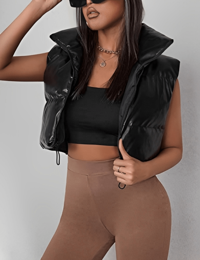 Women Black Cropped Puffer Leather Vest
