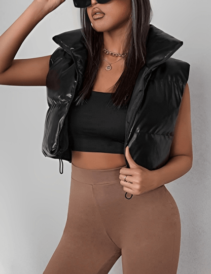 Women Black Cropped Puffer Leather Vest