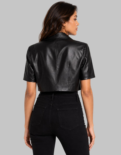Women Black Cropped Short Sleeve Leather Blazer
