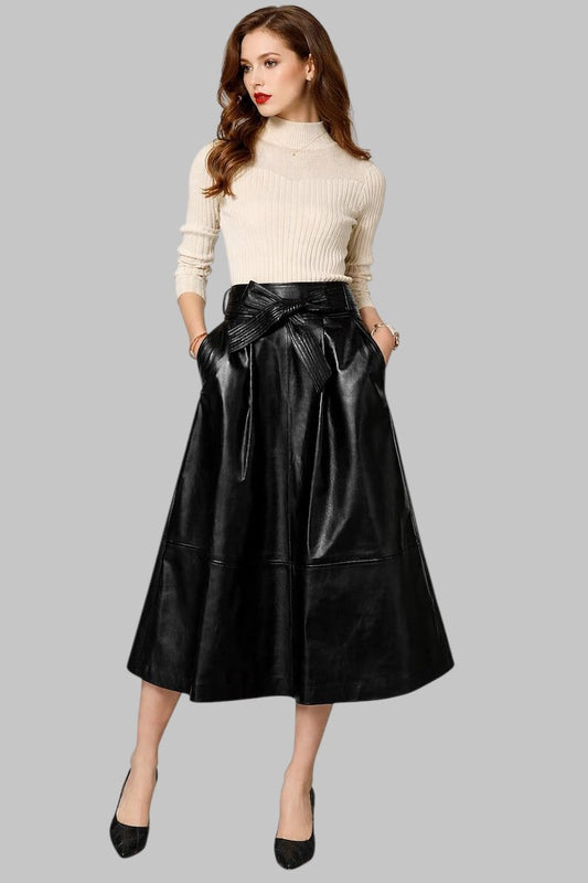 Women Black Leather A Line Midi Skirt