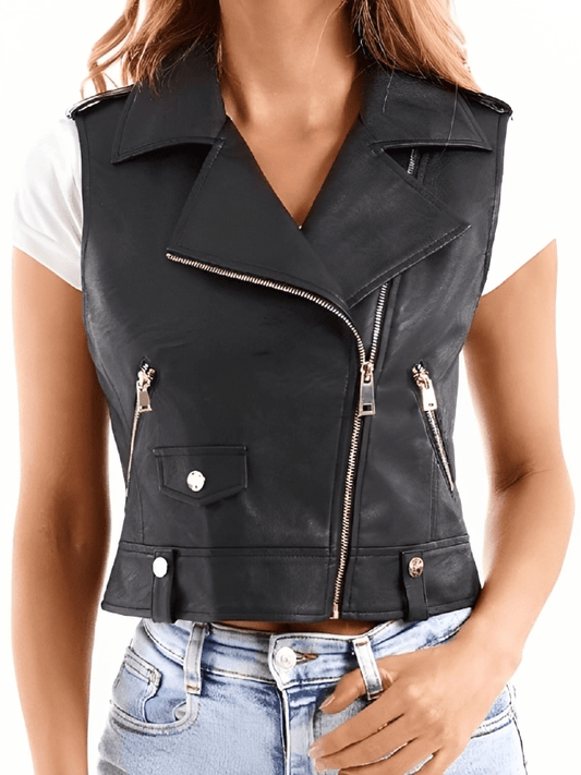 Women Black Leather Biker Vest