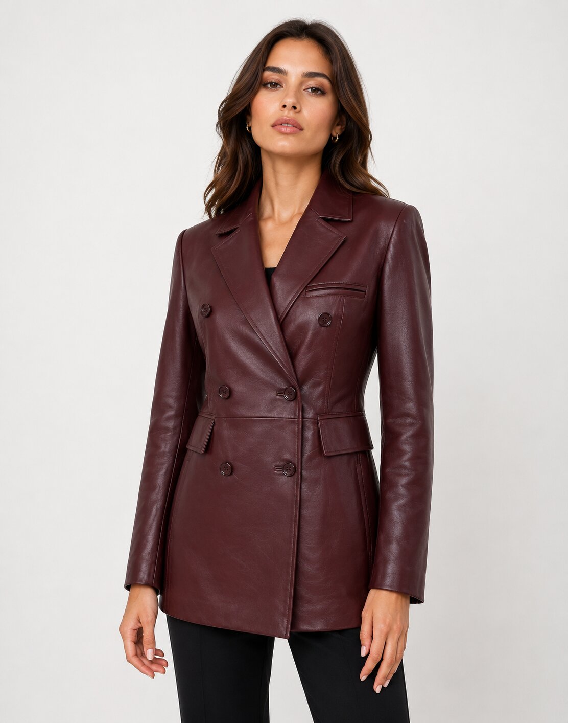 Women Burgundy Genuine Leather Double Breasted Blazer