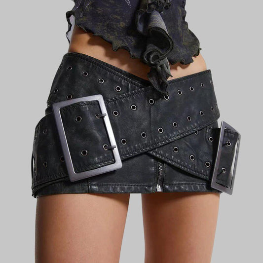 Women Distressed Black Gothic Leather Skirt