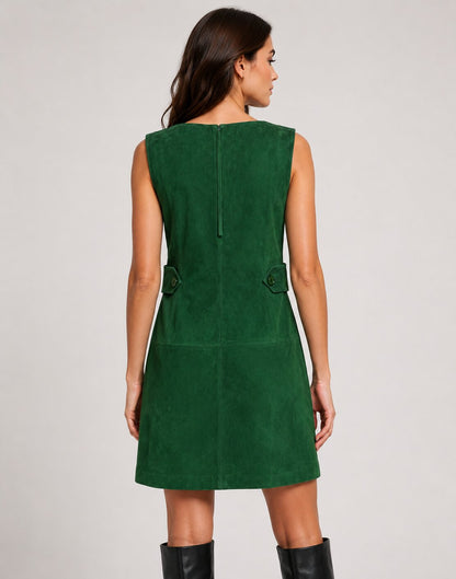 Women Emerald Green Suede Leather Mini Dress