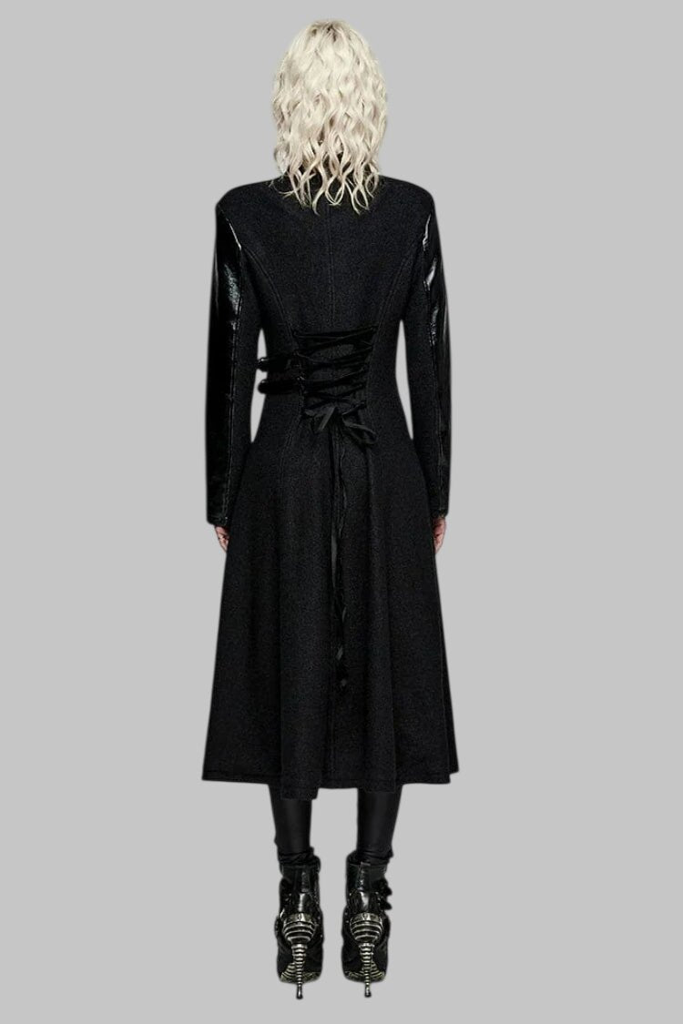 Women Gothic Black Faux Leather and Wool Trench Coat
