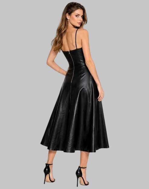 Women Premium Black Leather Long Dress