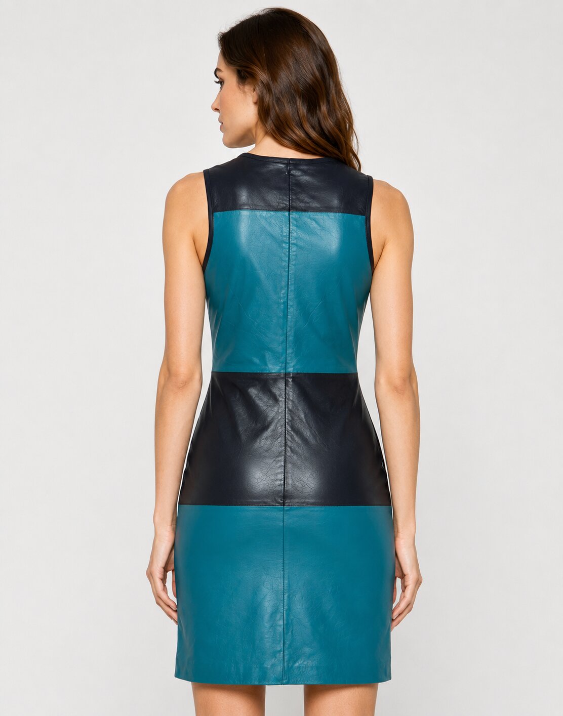 Women Teal and Black Slim Fit Leather Mini Dress