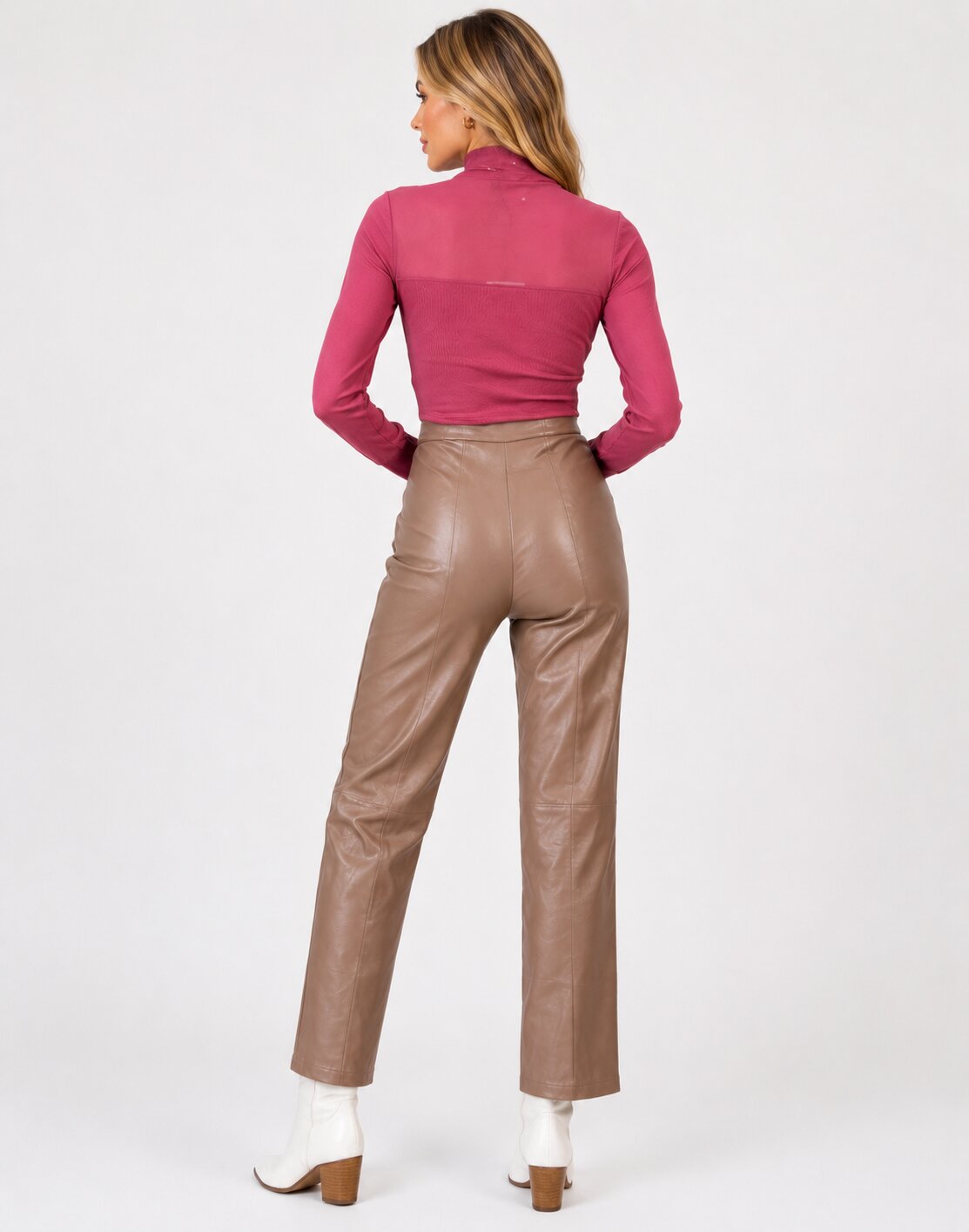 Women Timeless Beige Real Leather Straight Leg Pants