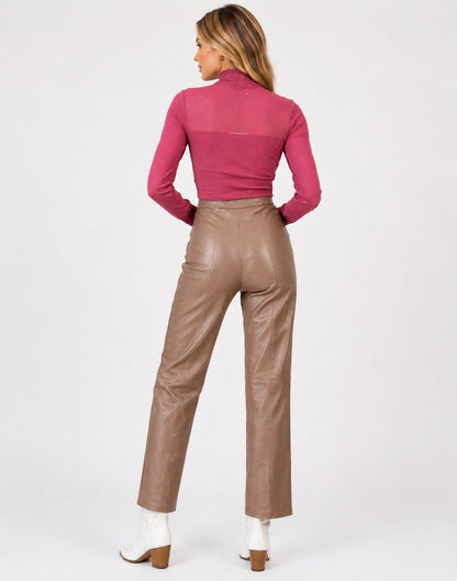 Women Timeless Beige Real Leather Straight Leg Pants