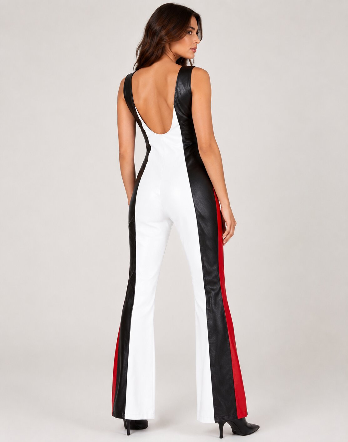 Women's Sheepskin White, Red, and Black Leather Jumpsuit
