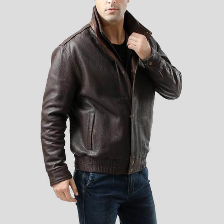 Chek Brown Bomber Leather Jacket