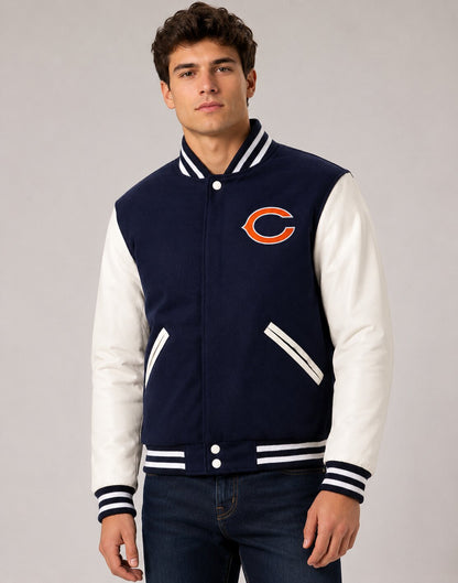 Chicago Bears Navy Varsity Jacket with White Leather Sleeves