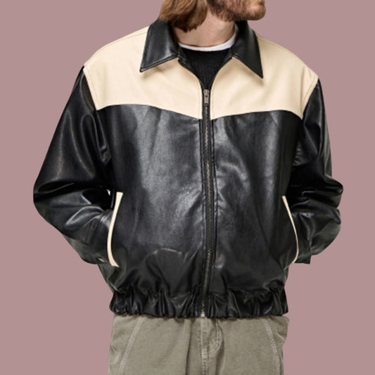 Classic Men Black and White Real Leather Bomber Racer Jacket
