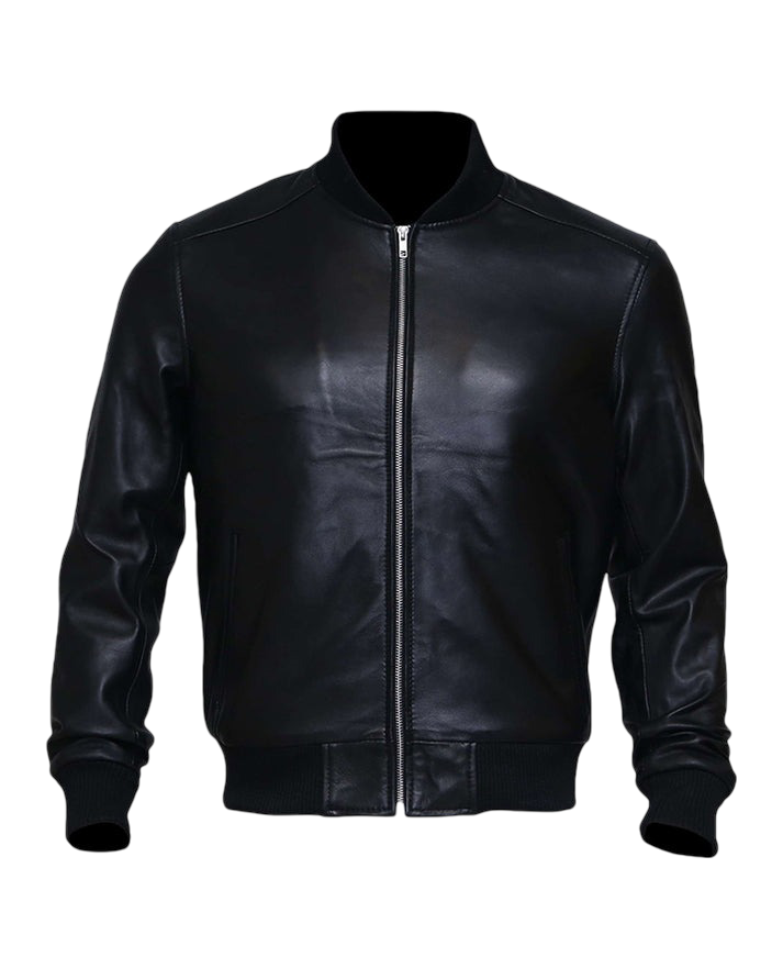 Classic Black Lambskin Leather Bomber Jacket
