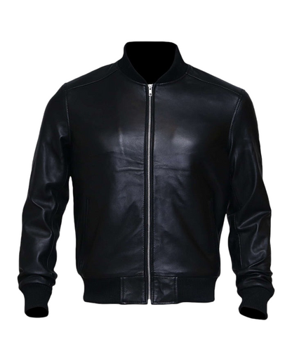 Classic Black Lambskin Leather Bomber Jacket