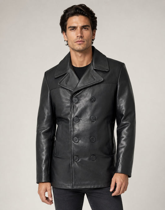 Classic Men Black Double Breasted Real Leather Coat