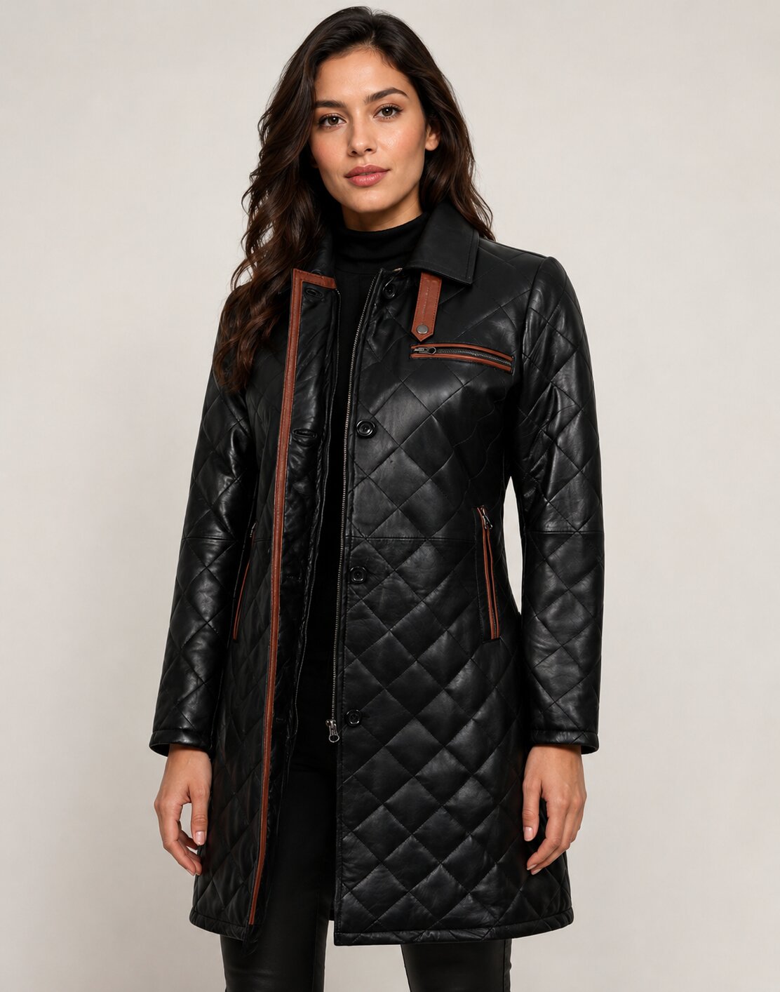 Classic Women Black Quilted Real Leather Car Coat