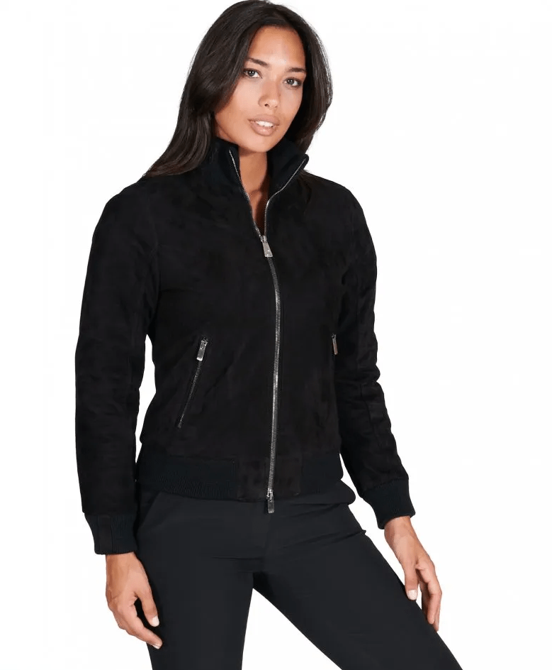 Women Black Suede Bomber Leather Jacket