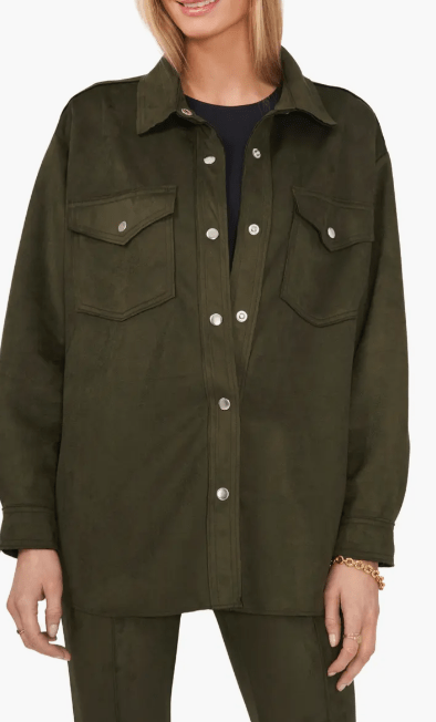 Women Stylish Khaki Suede Trucker Leather Shirt