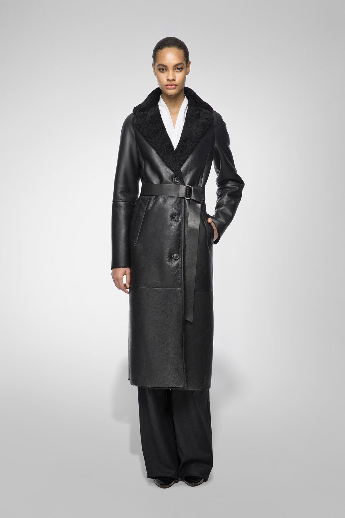 Women Black Leather Shearling Coat