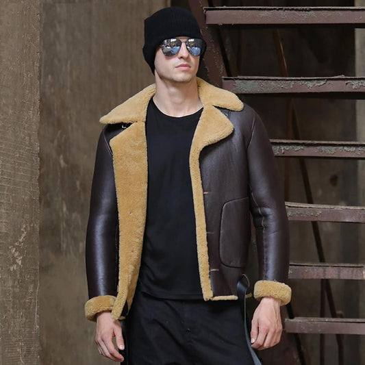 Men's Dark Brown B3 Flight Shearling Sheepskin Leather Jacket - TopGuruJackets