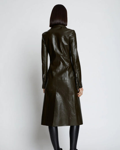 Women's Dark Green Slim Fit Leather Long Trench Coat