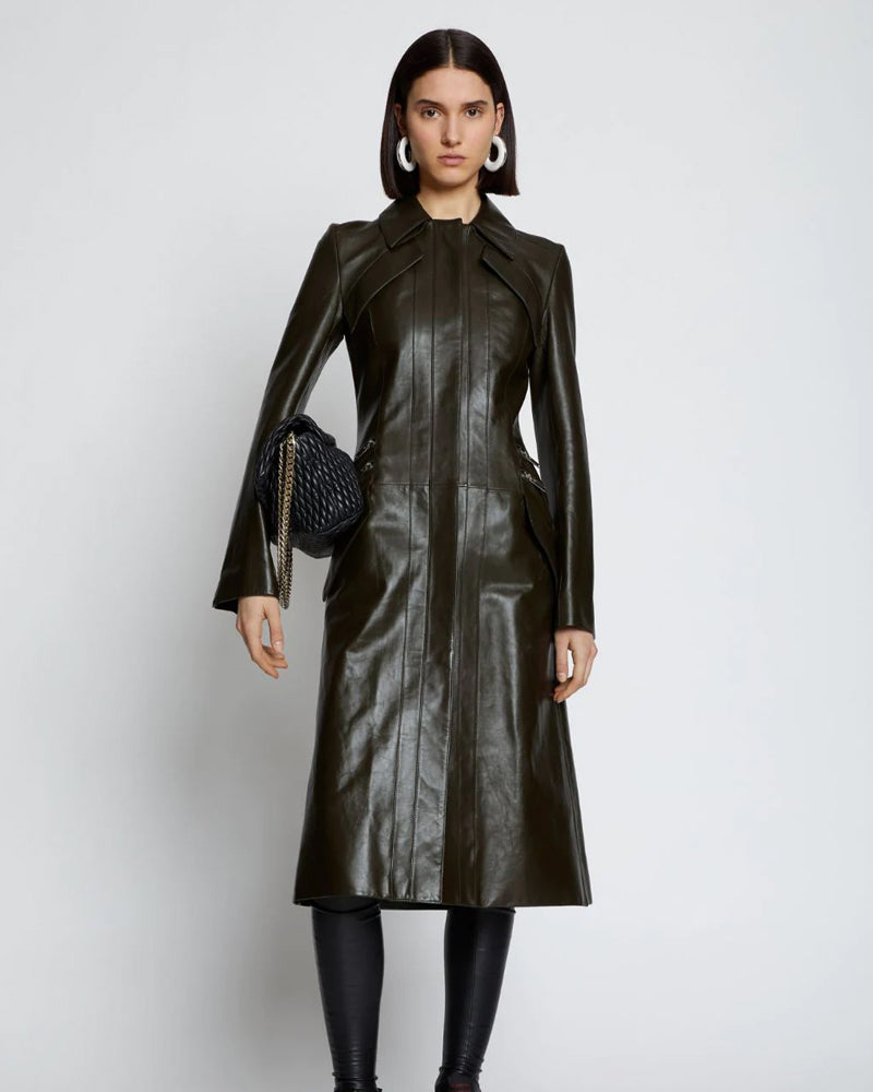 Women's Dark Green Slim Fit Leather Long Trench Coat