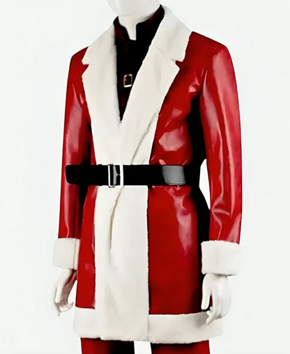 Classic Santa Claus Red Leather Jacket with Fur Trim