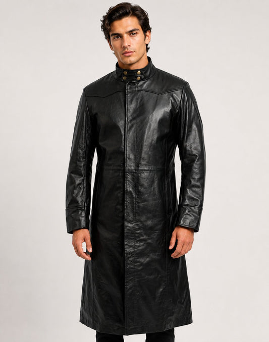Iconic Keanu Reeves' Long Black Leather Coat from "The Matrix"