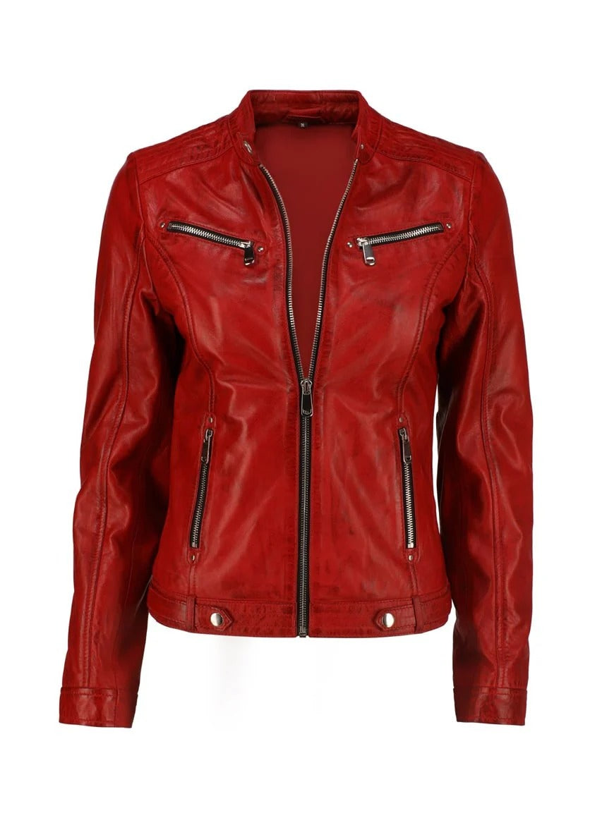 Women's Stylish Red Leather Biker Jacket