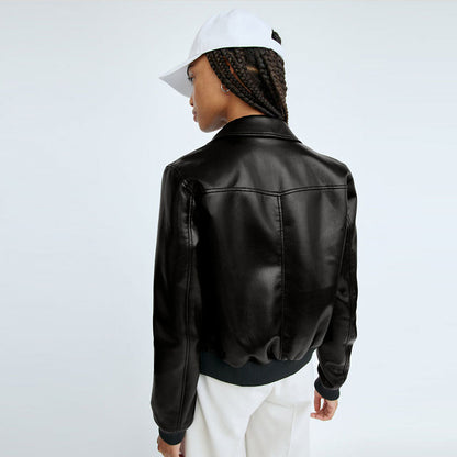 Black Women Aviator Sheepskin Shearling Motorbike  Leather Bomber Jacket