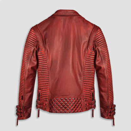 Men's Distressed Red Waxed Biker Leather Motorcycle Jacket