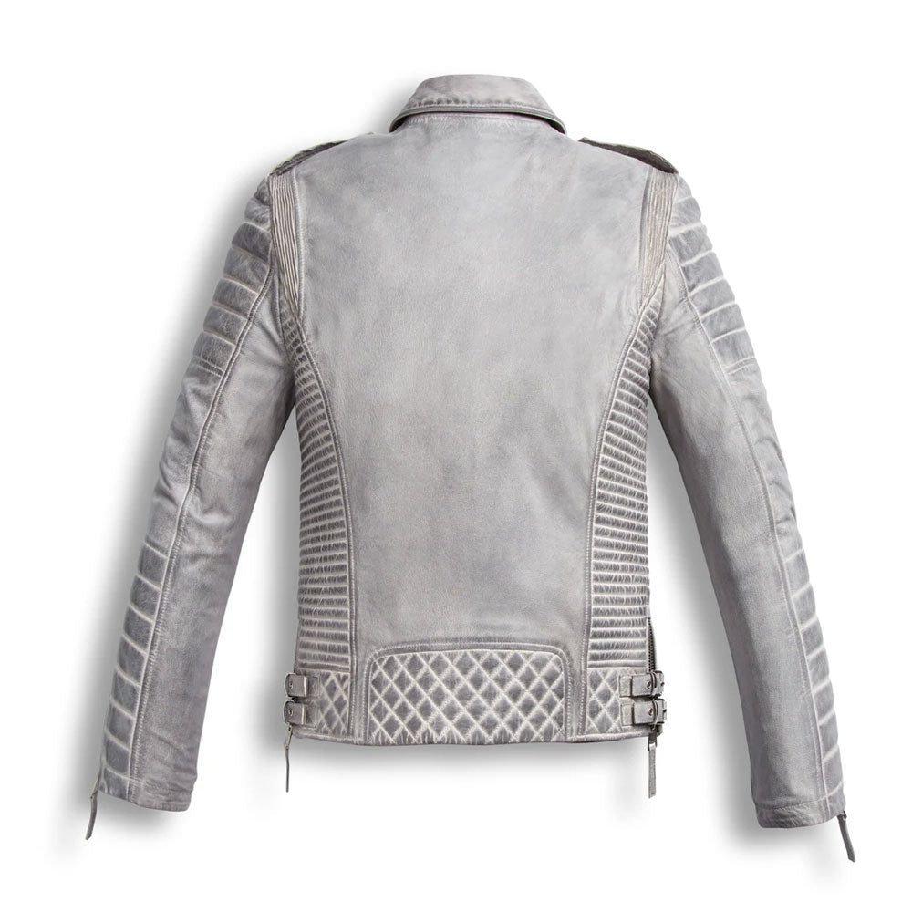 Men's Chrome White Waxed Biker Leather Motorcycle Jacket