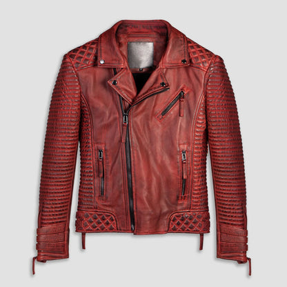 Men's Distressed Red Waxed Biker Leather Motorcycle Jacket