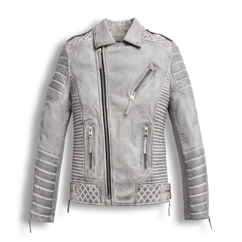 Men's Chrome White Waxed Biker Leather Motorcycle Jacket