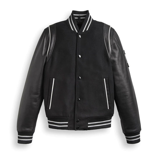 Black Varsity Bomber Leather Jacket With Stripes