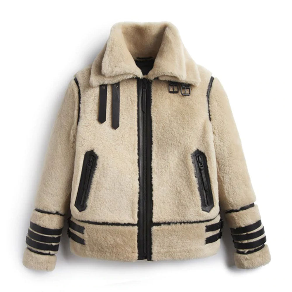 Men's Off White Shearling Leather Jacket with Stripes